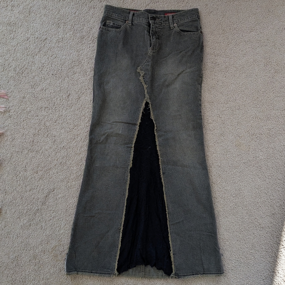 GUESS Y2K Denim Maxi Skirt with Lace Inset | Dark Grey Wash